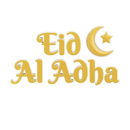 Eid Al Adha greeting in golden font with crescent moon