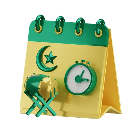 3D Islamic calendar icon with crescent moon and drum