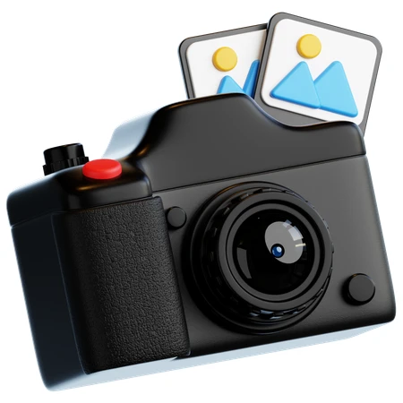3D illustration of black DSLR camera with photo gallery icons