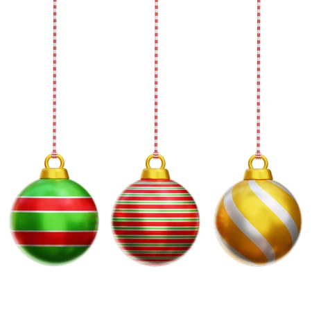 Three festive Christmas baubles hanging against a white background