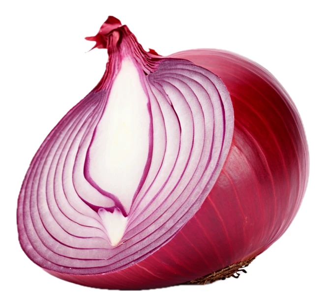 Fresh red onion halved isolated on white background