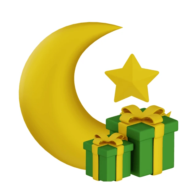 3D crescent moon star and green gift boxes celebration icon
