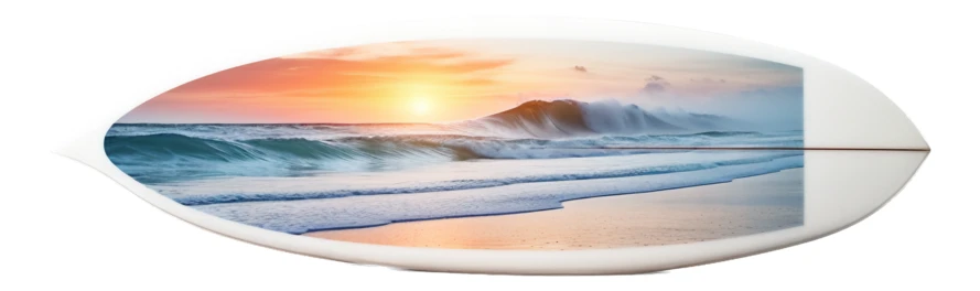 White surfboard with tropical sunset and ocean wave graphic