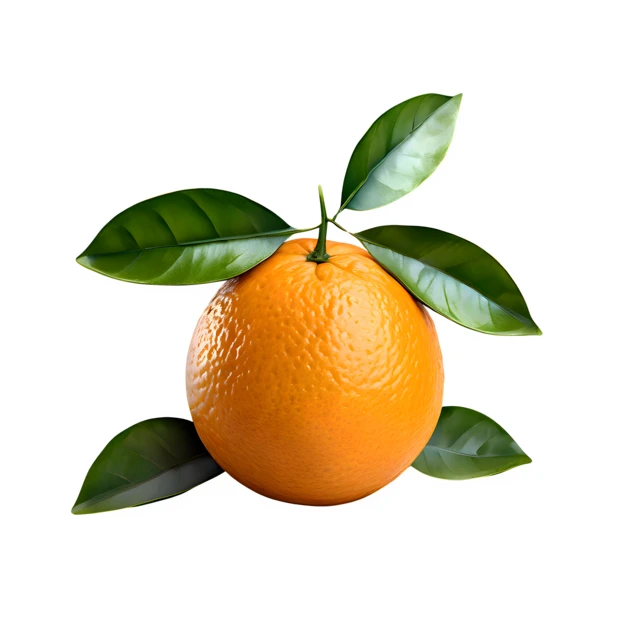 Fresh whole orange with green leaves isolated on white background