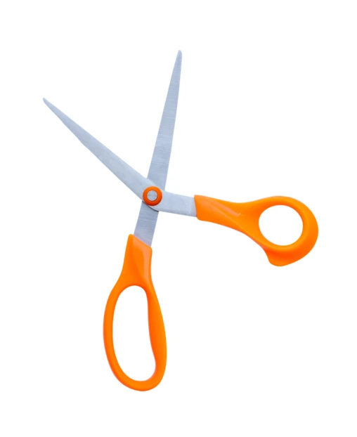 Open scissors with orange handles isolated on white background