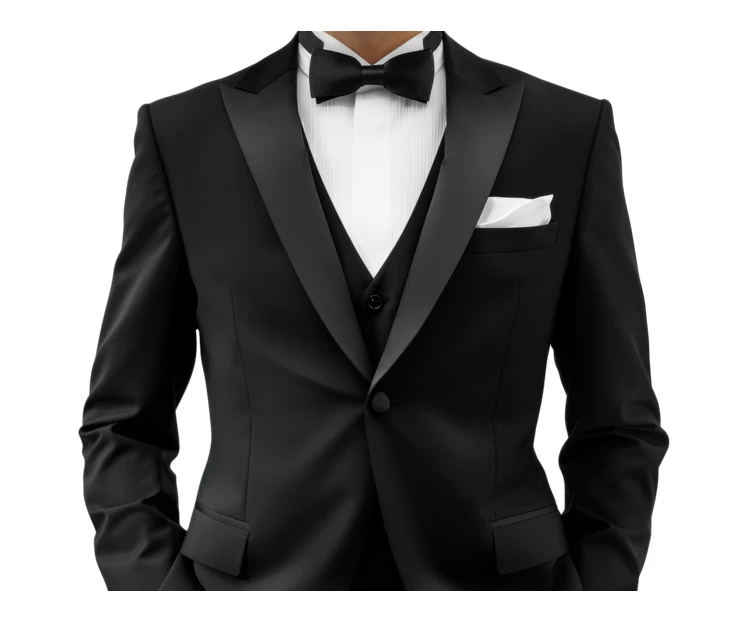 Formal black tuxedo with bow tie and pocket square