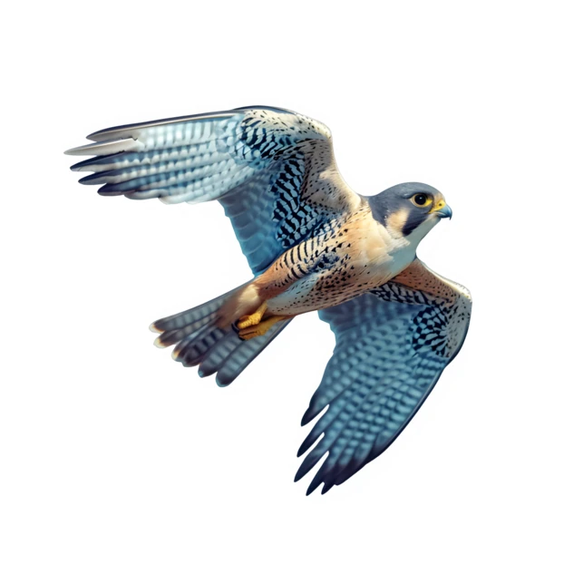 Peregrine falcon flying with wings spread isolated on white background