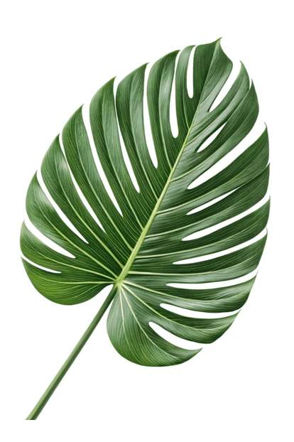 Single green Monstera deliciosa leaf isolated on white