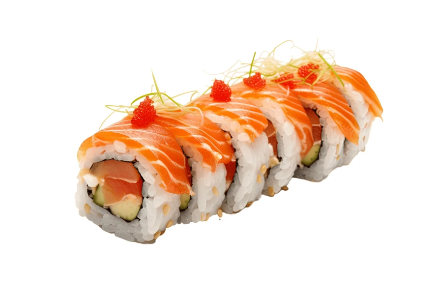 Fresh salmon uramaki sushi rolls isolated on white background