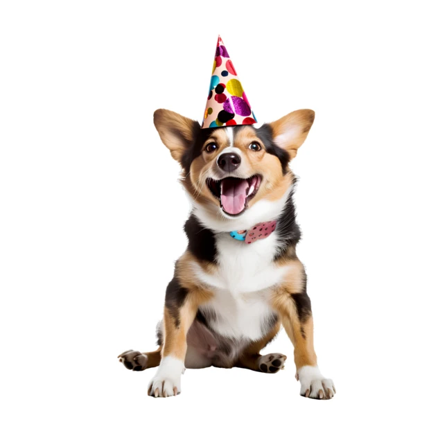 Happy dog wearing a party hat on white background
