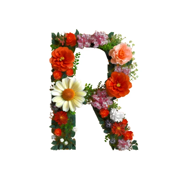 Capital letter R made of colorful spring flowers and leaves