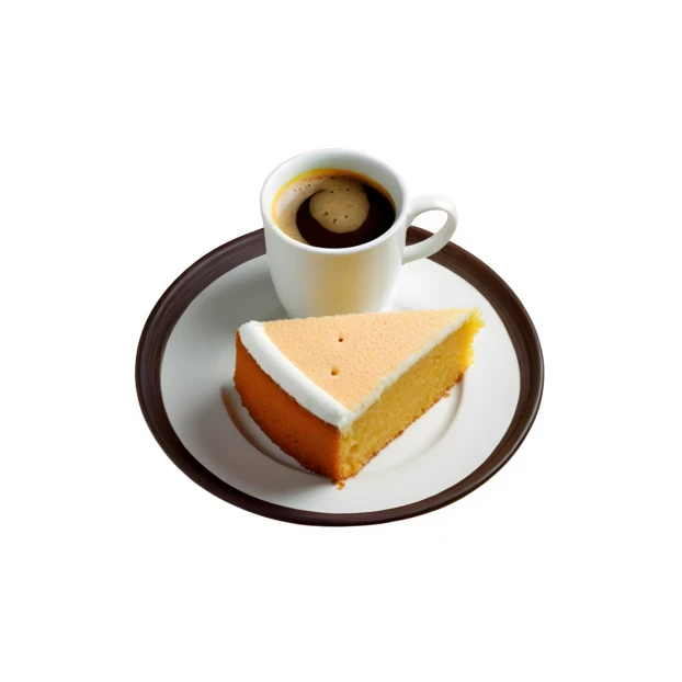 Slice of sponge cake and espresso coffee isolated on white
