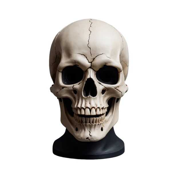 Human skull model on black stand isolated on white background