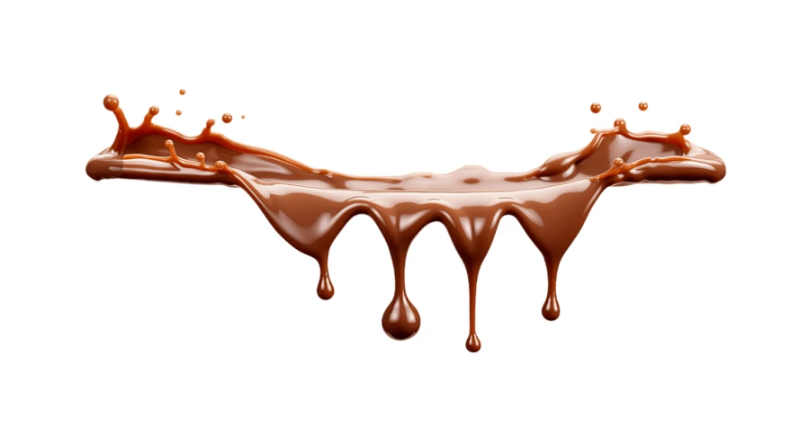 Liquid chocolate splash with dripping droplets isolated on white