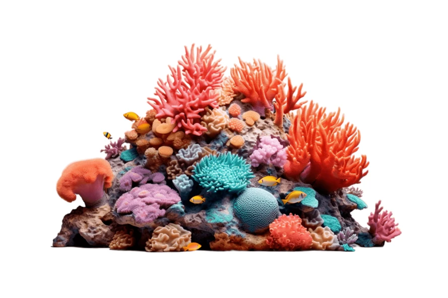 Vibrant coral reef with small tropical fish isolated on white