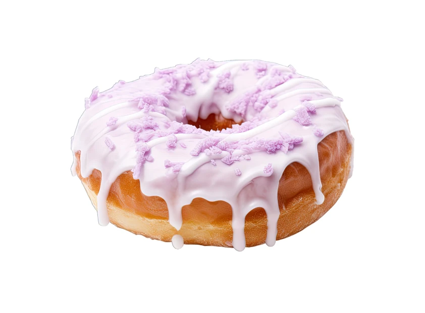 Glazed donut with purple frosting isolated on white background
