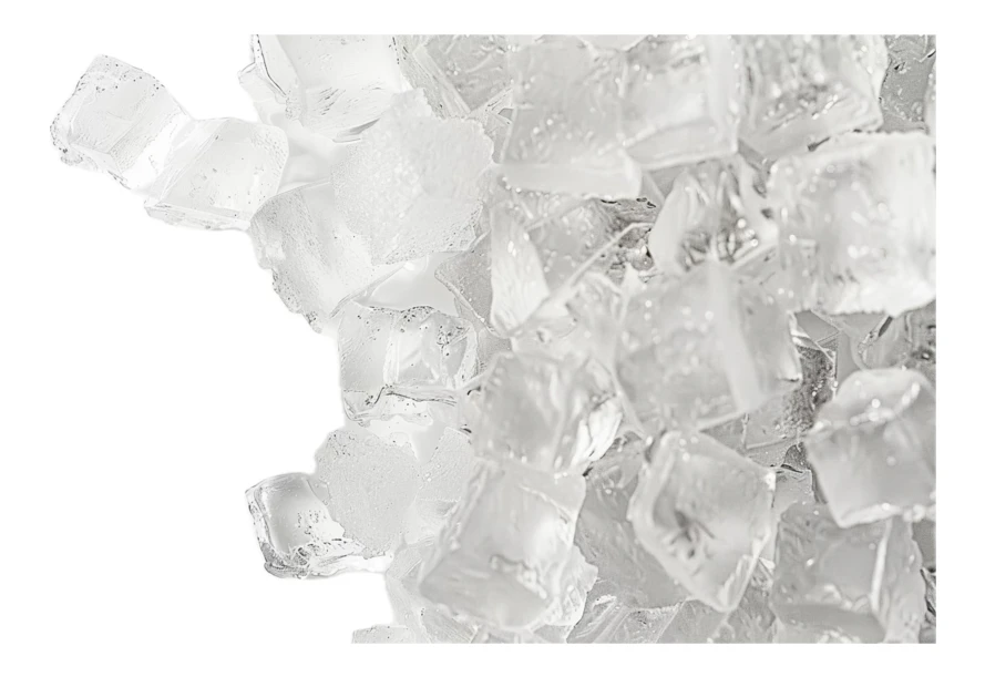 Pile of clear ice cubes on a white background