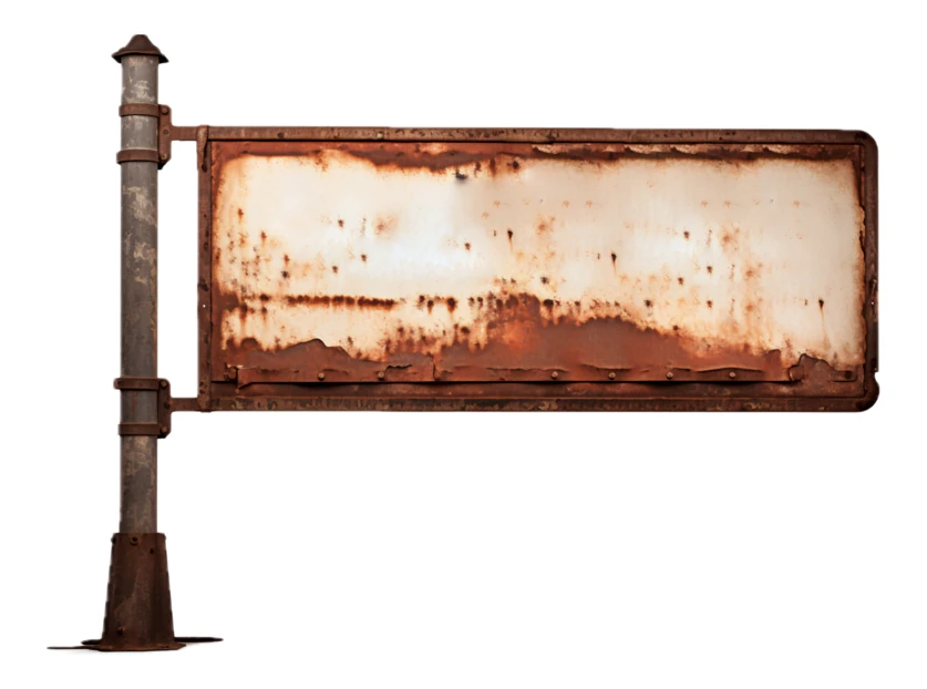 Blank rusty vintage metal sign isolated on white background