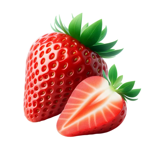 Fresh red strawberry and a slice isolated on white background