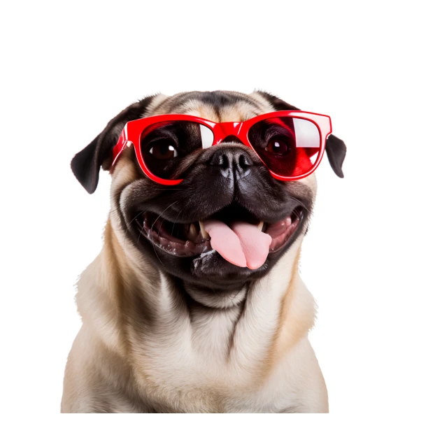 Happy pug dog wearing red sunglasses isolated on white