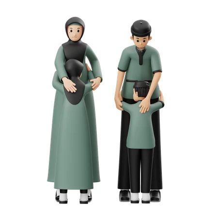 3D illustration of a Muslim family with children in green