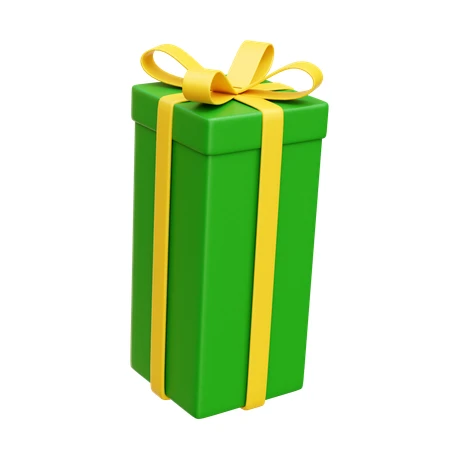 3D tall green gift box with yellow ribbon and bow