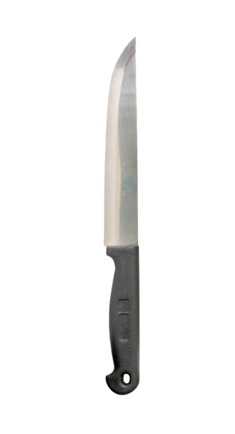 Stainless steel kitchen knife with black handle on white background