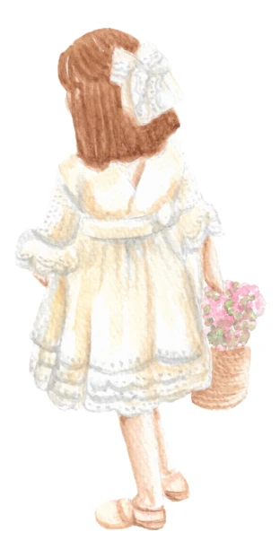 Watercolor illustration of girl in vintage dress holding flower basket