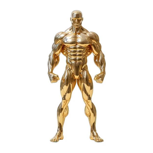 Golden muscular man statue isolated on white background