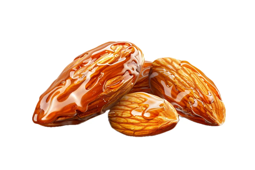 Whole almonds coated in honey or caramel isolated on white