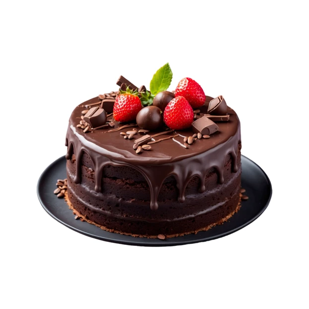Chocolate drip cake topped with fresh strawberries and truffles