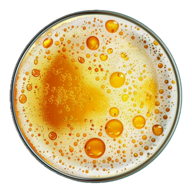 Top view of beer glass with foam and bubbles