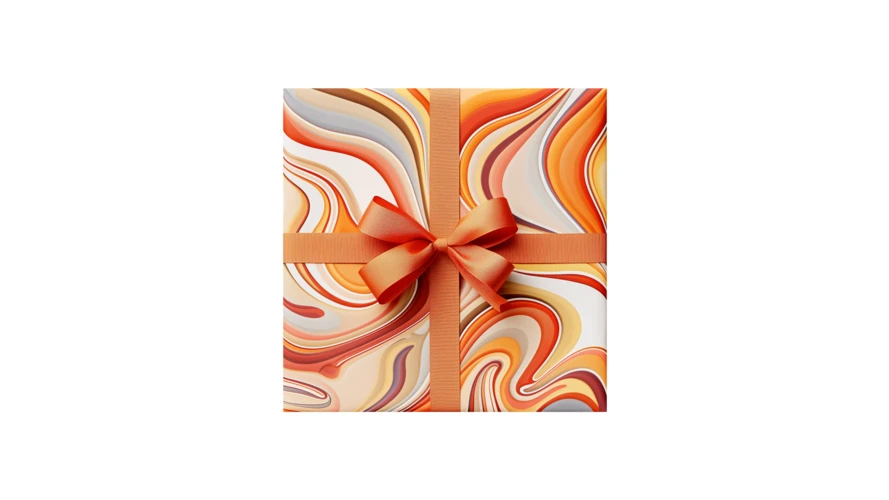 Gift box wrapped in orange marbled paper with ribbon