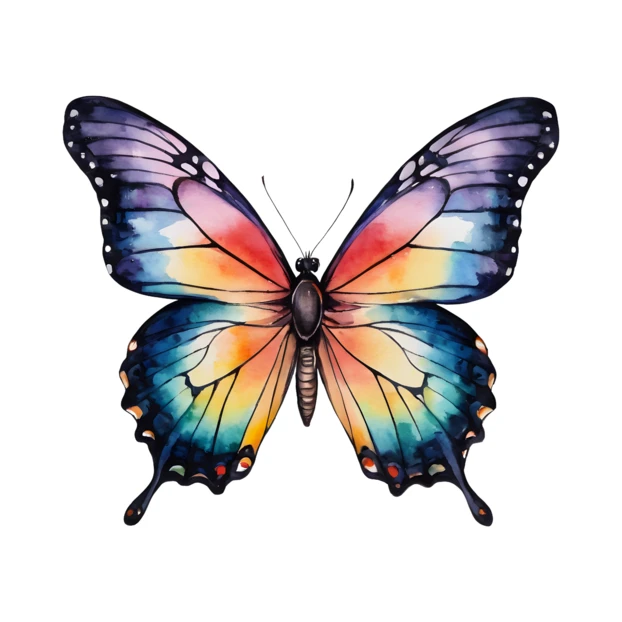 Watercolor illustration of a colorful butterfly on white background