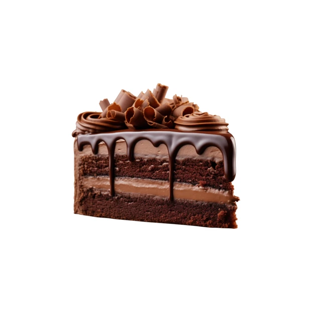 Rich chocolate cake slice isolated on white background