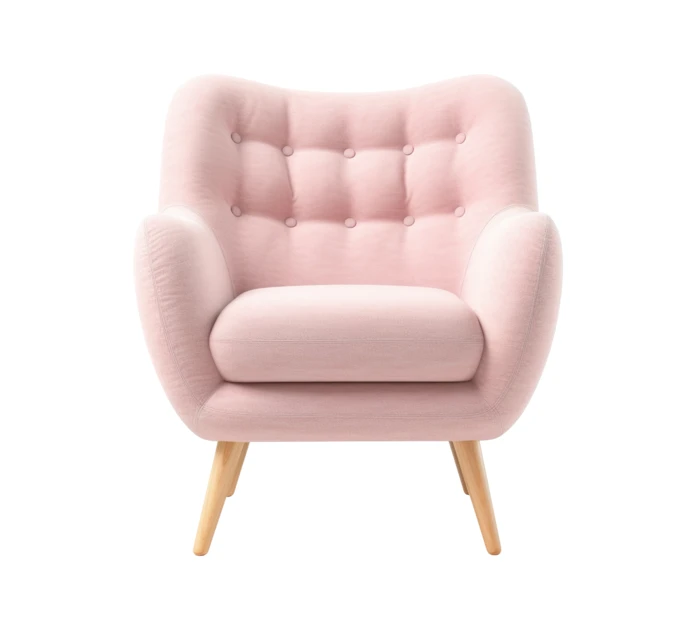 Modern pink tufted armchair with wooden legs isolated on white