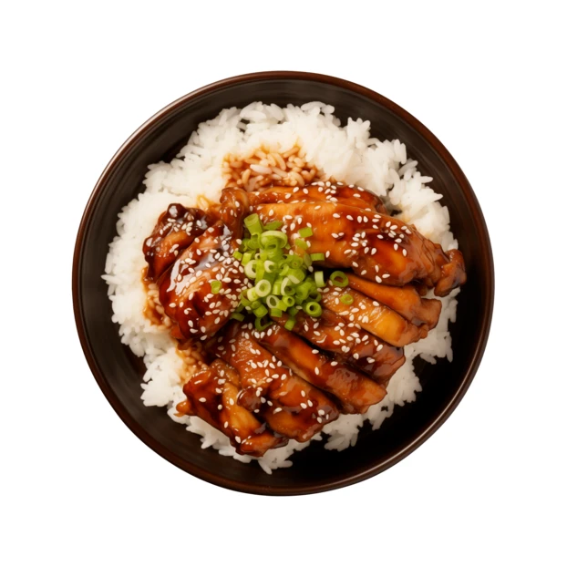 Top view of chicken teriyaki bowl with white rice