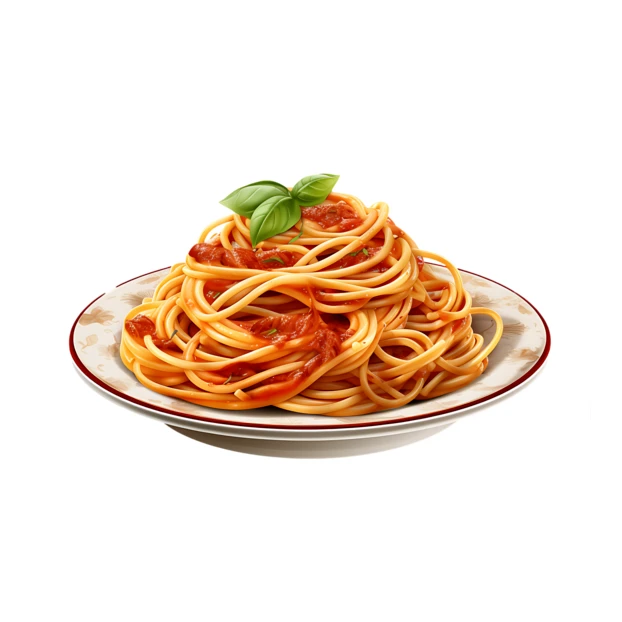 Spaghetti pasta with tomato sauce and basil garnish