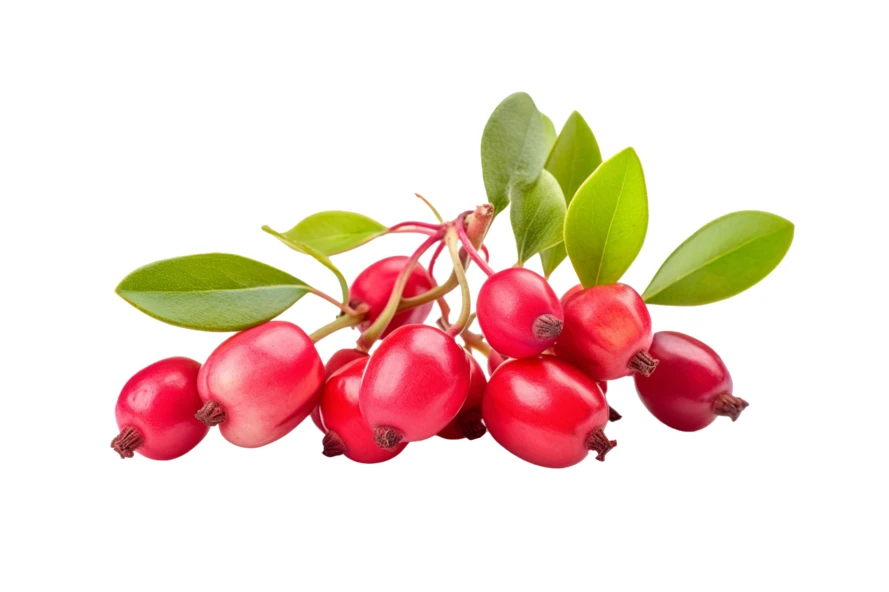 Cluster of ripe red berries with leaves isolated on white