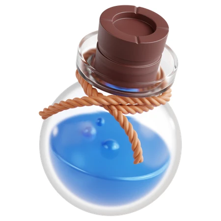 3D blue magic potion in round glass bottle