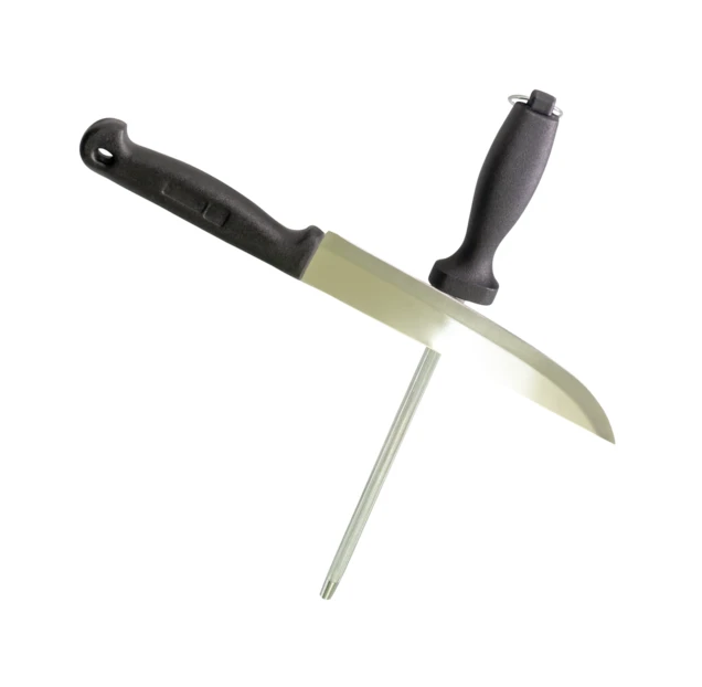 Chef knife and honing steel rod isolated on white