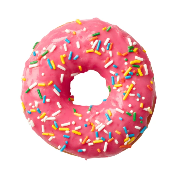 Pink glazed donut with rainbow sprinkles isolated on white