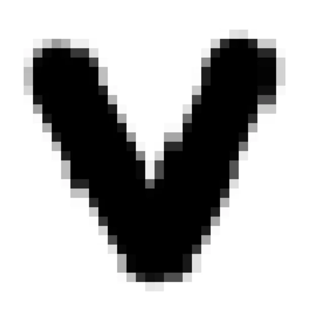 Black pixelated letter V on white background