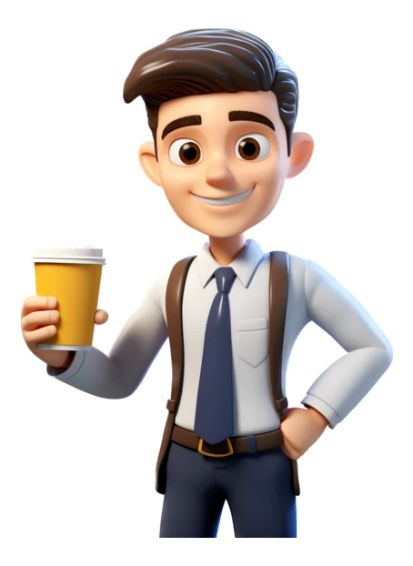 Smiling 3D cartoon businessman holding a takeaway coffee cup