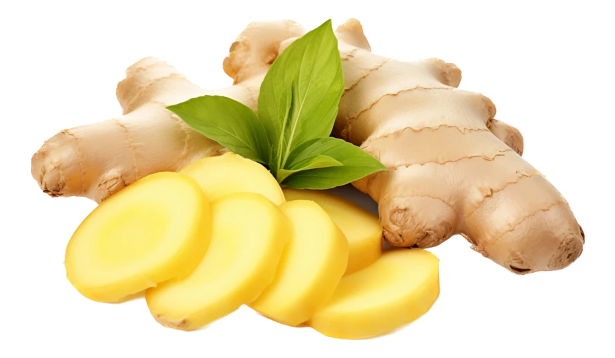 Fresh ginger root with slices and green leaf isolated