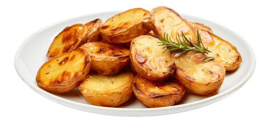 Roasted halved potatoes with rosemary on a white plate