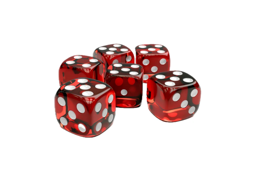 Group of red translucent dice isolated on white background