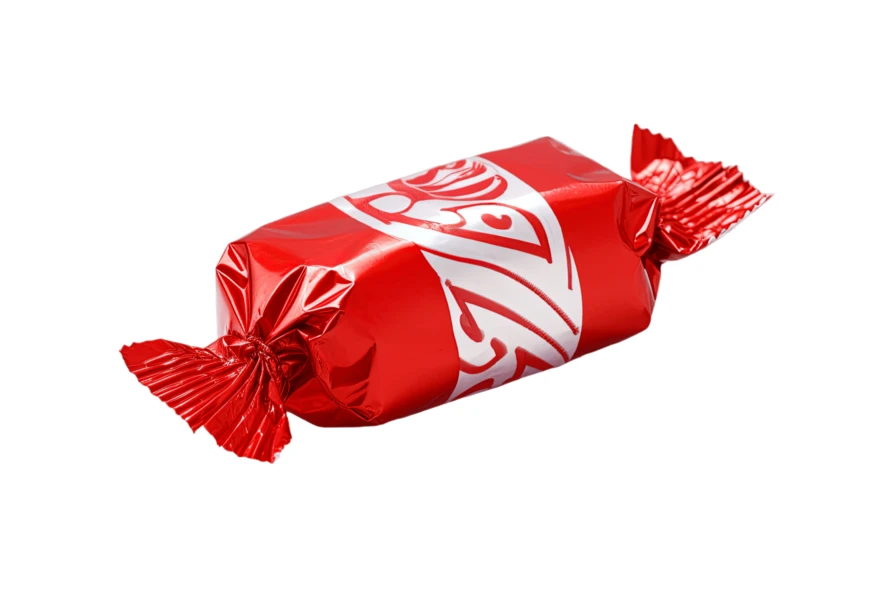 Single candy in red and white foil wrapper