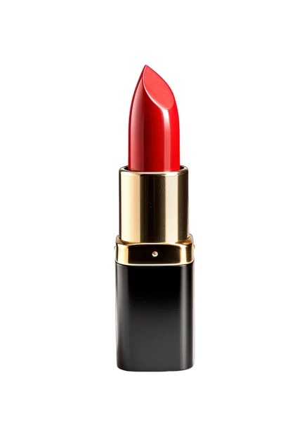 Classic red lipstick in gold and black tube isolated on white