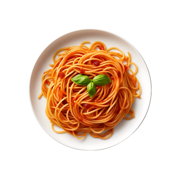 Spaghetti with tomato sauce and basil on white plate
